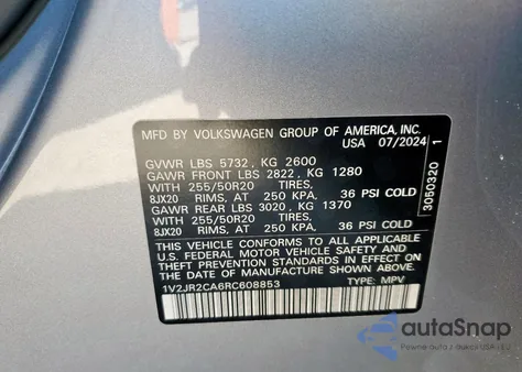 2024 Volkswagen Atlas Se from USA, damaged, VIN 1V2JR2CA6RC608853